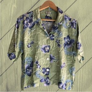 Tommy Bahama Silk Camp Shirt Floral Green Blues Purple Med Short Sleeve Buttons